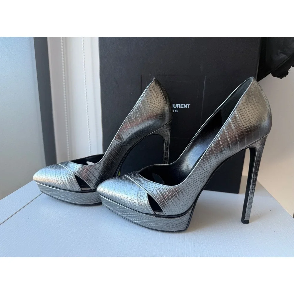 Saint Laurent Tejus Croc Embossed Platform Pumps Graphite EU 38.5
